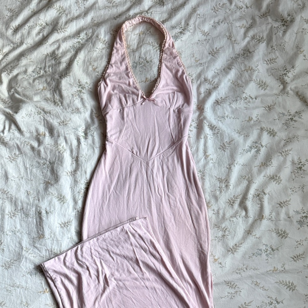 Oh Polly size XXS baby pink halter maxi dress with side slit in great condition